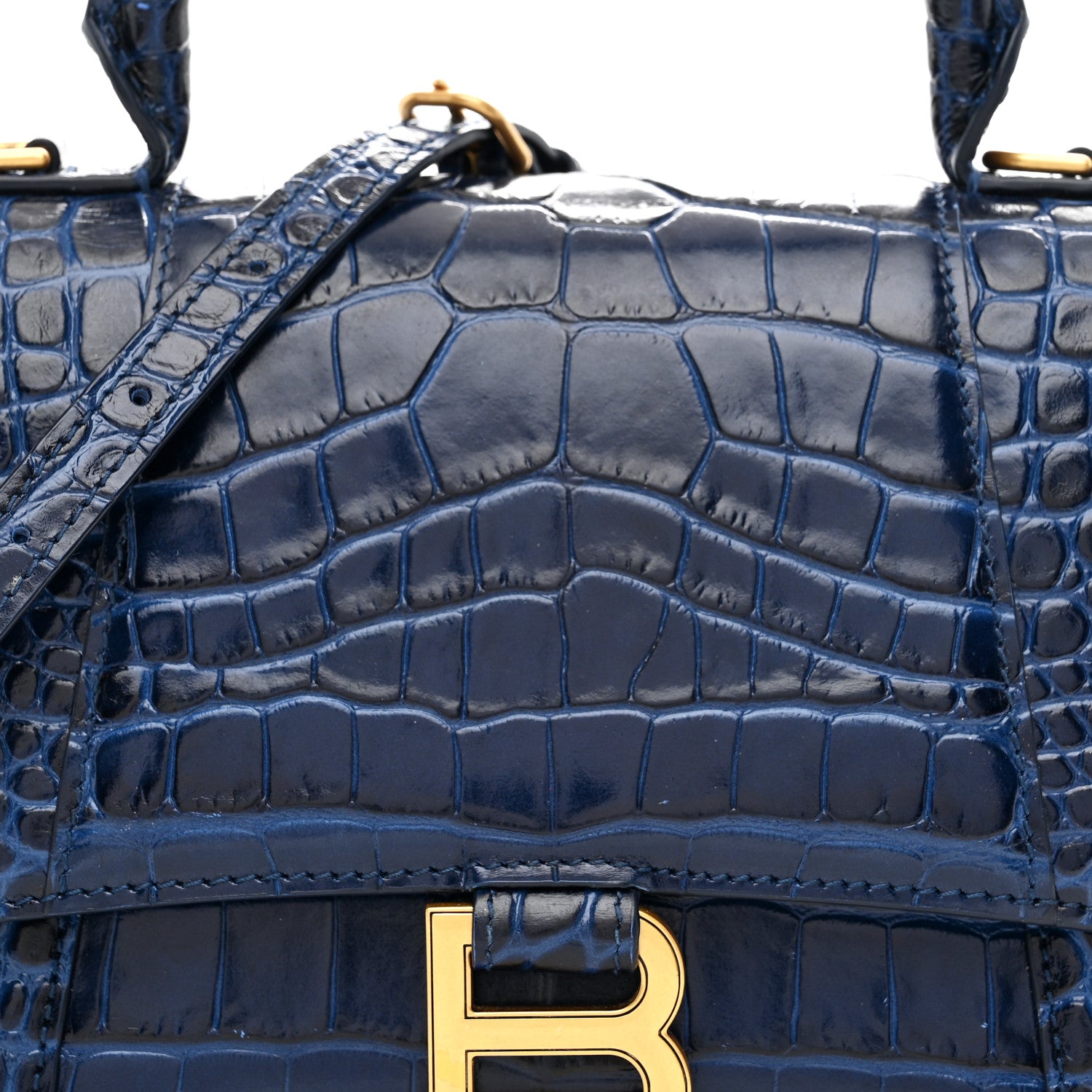 Balenciaga Shiny Calfskin Crocodile Embossed Small Hourglass Top Handle Bag Navy 8 of 10