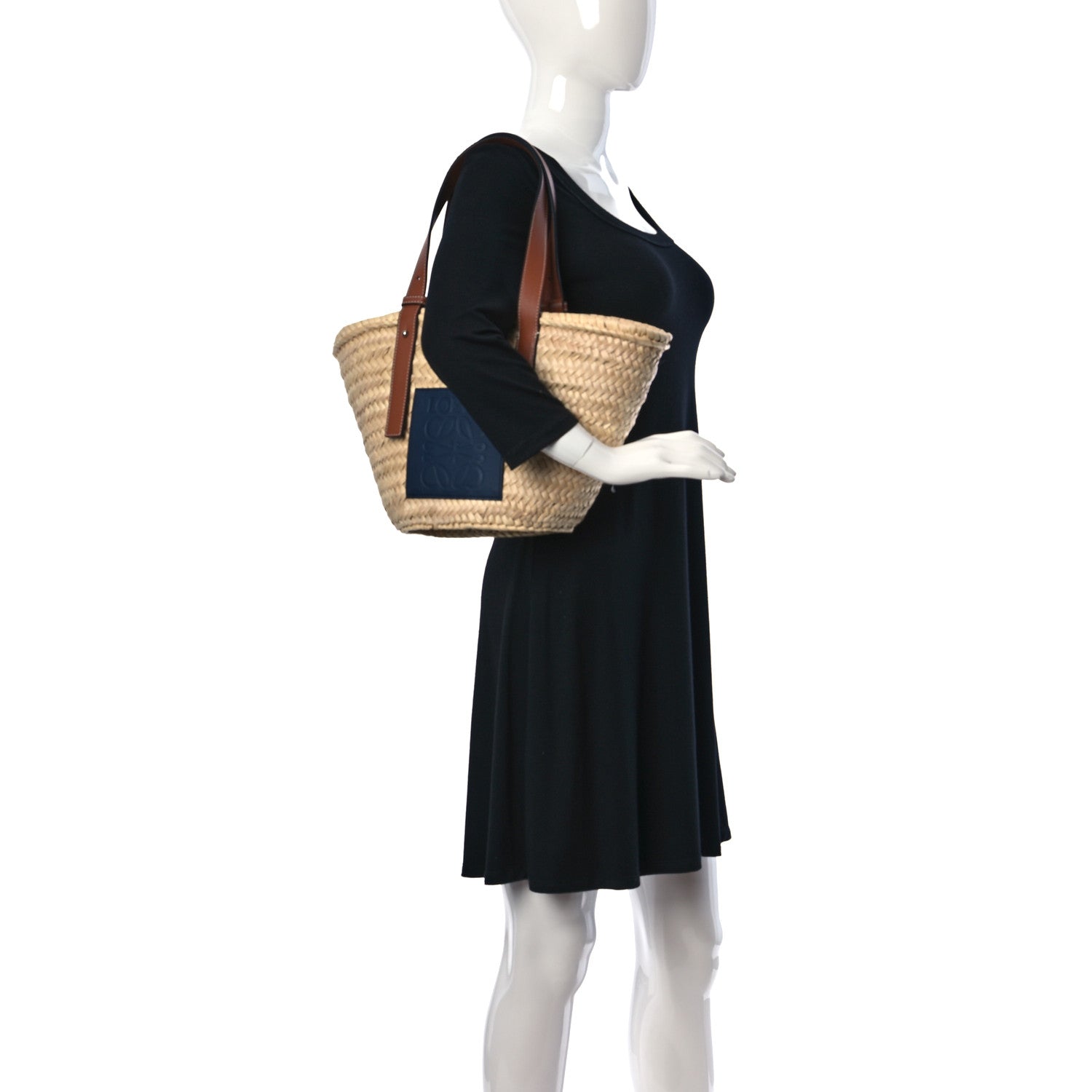 Loewe Raffia Small Basket Tote Bag Natural Tan Navy 2 of 7