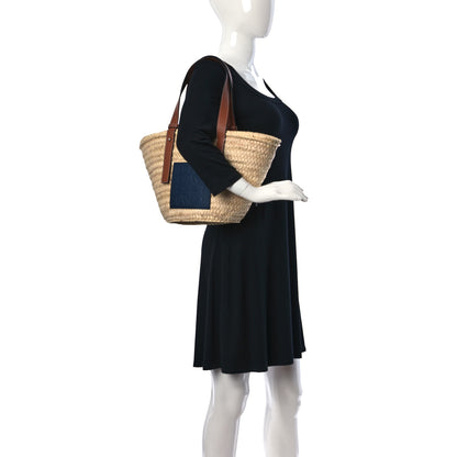 Loewe Raffia Small Basket Tote Bag Natural Tan Navy 2 of 7