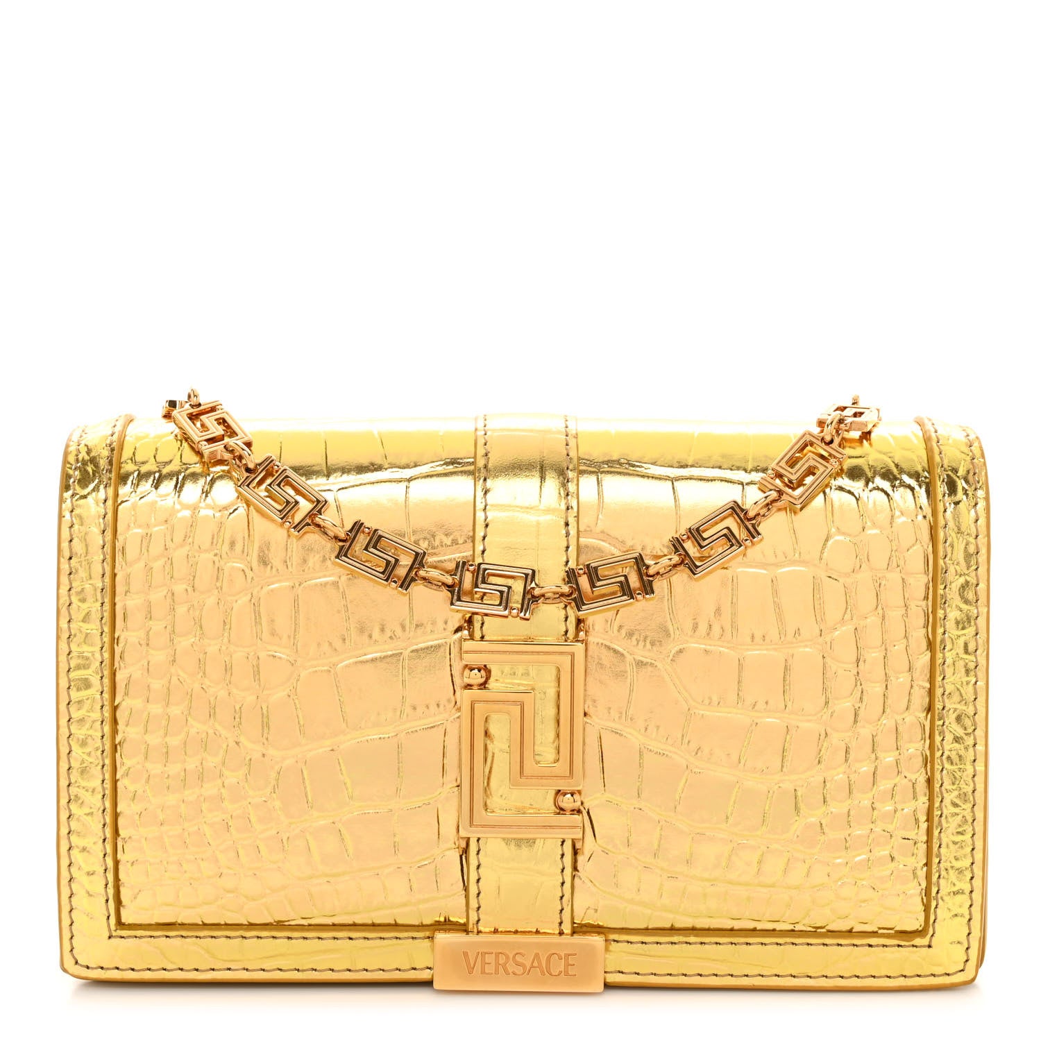 Versace Metallic Crocodile Embossed Calfskin Greca Goddess Wallet On Chain Gold 2 of 10