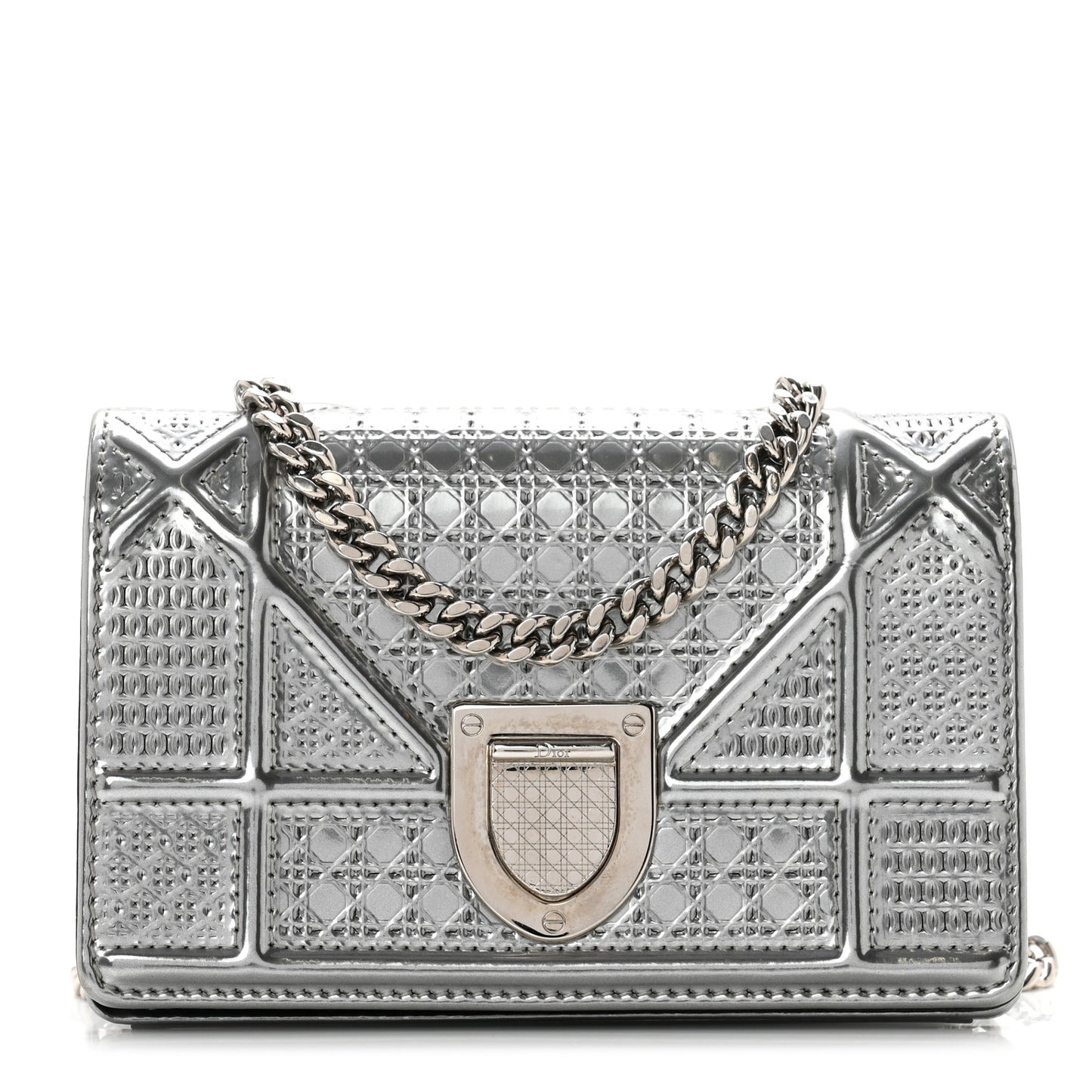 Metallic Patent Micro-Cannage Baby Diorama Flap Bag Silver