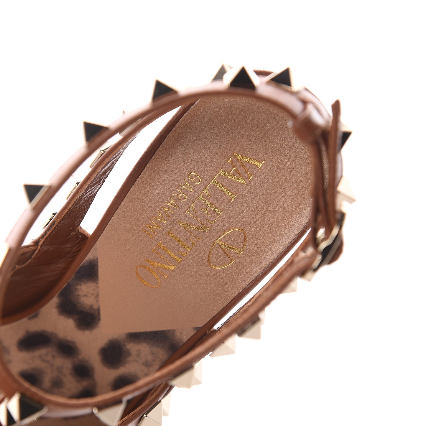 Canvas Leopard Print Rockstud Ankle Strap Pumps 36 Tan