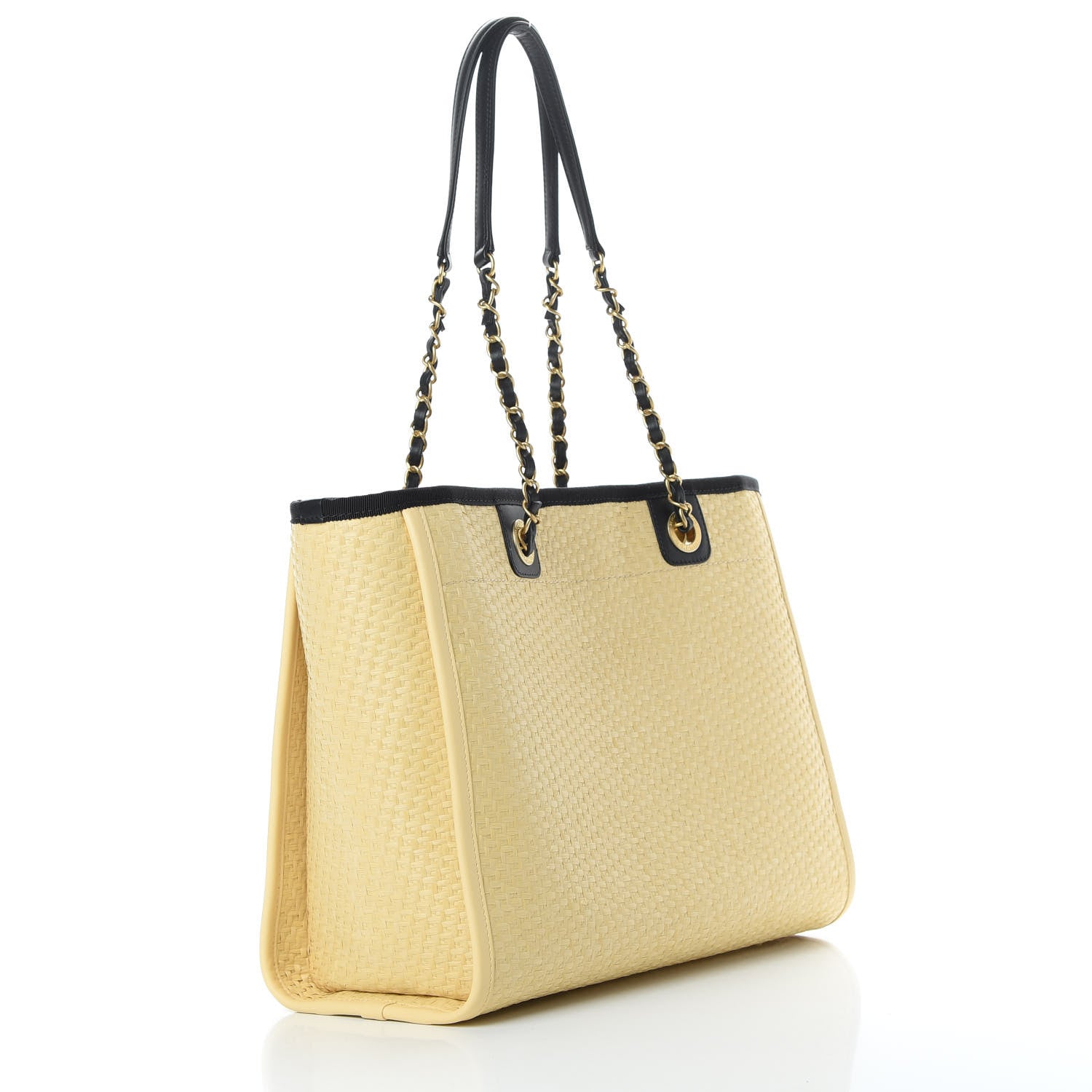 Chanel Straw Raffia Calfskin Chain Small Deauville Tote Beige Black 3 of 10