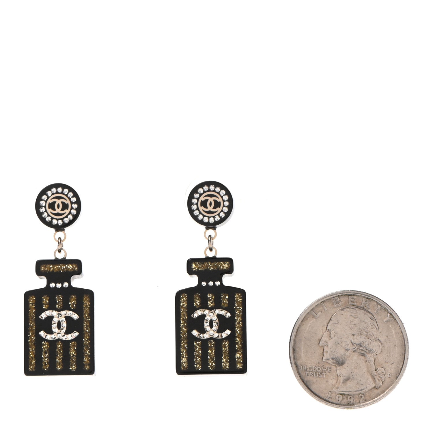 Chanel Resin Strass Perfume Bottle CC Earrings Black Gold 2 of 4