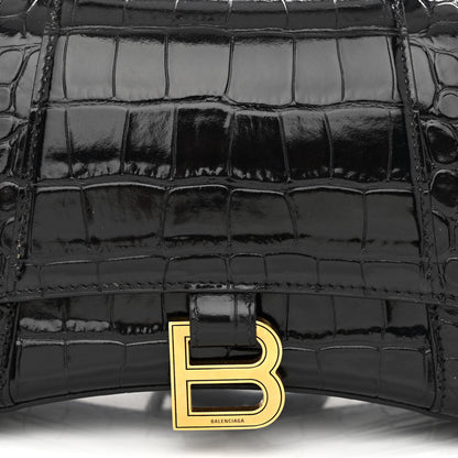 Balenciaga Shiny Calfskin Crocodile Embossed Small Hourglass Top Handle Bag Black 9 of 12