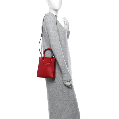 Prada Soft Calfskin Triangle Logo Embossed Small Double Handle Crossbody Tote Rosso 2 of 10