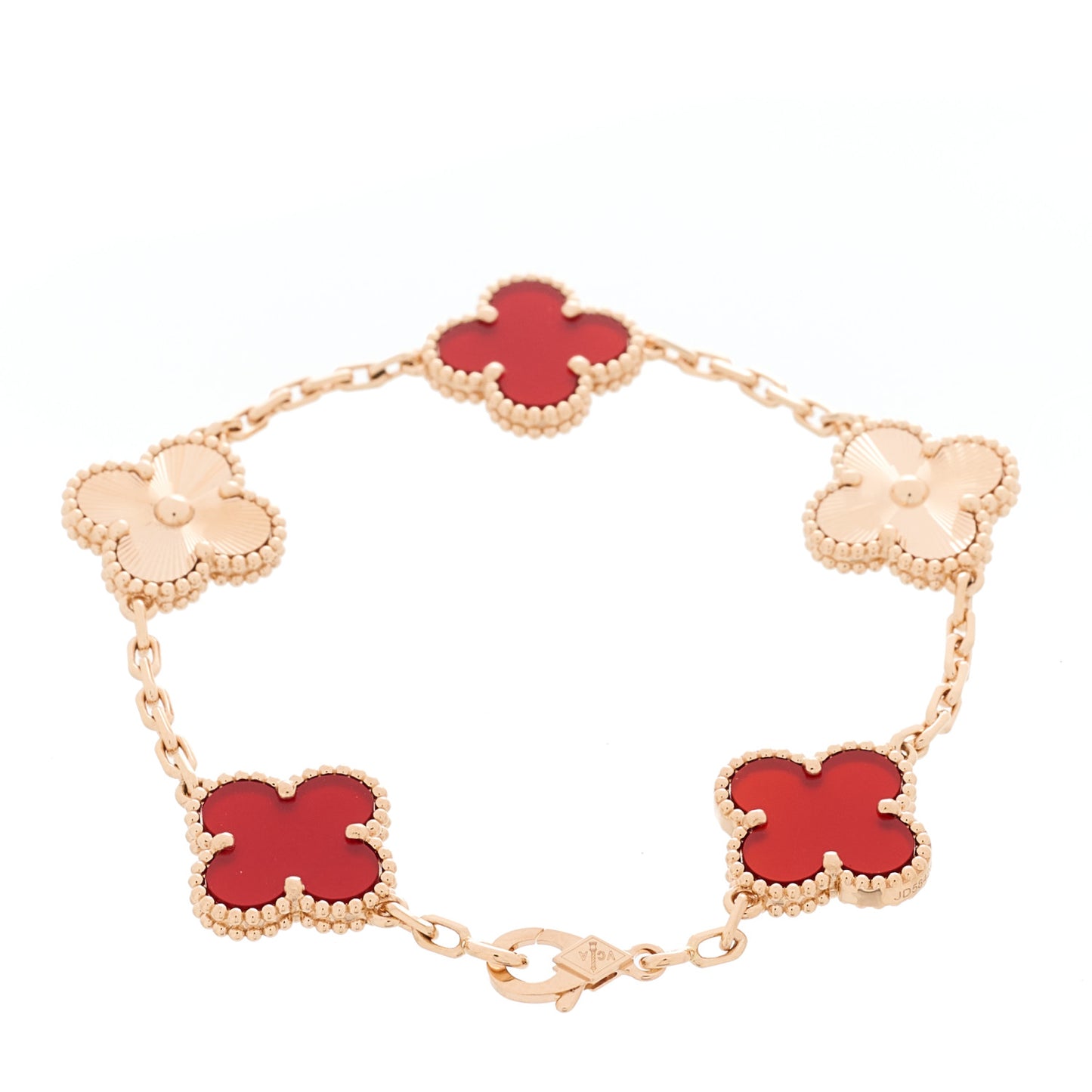 18K Rose Gold Carnelian 5 Motifs Guilloche Vintage Alhambra Bracelet
