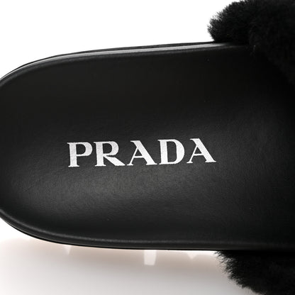 Prada Shearling Metal Triangle Logo Lug Sole 20mm Slide Sandals 36.5 Black 7 of 9