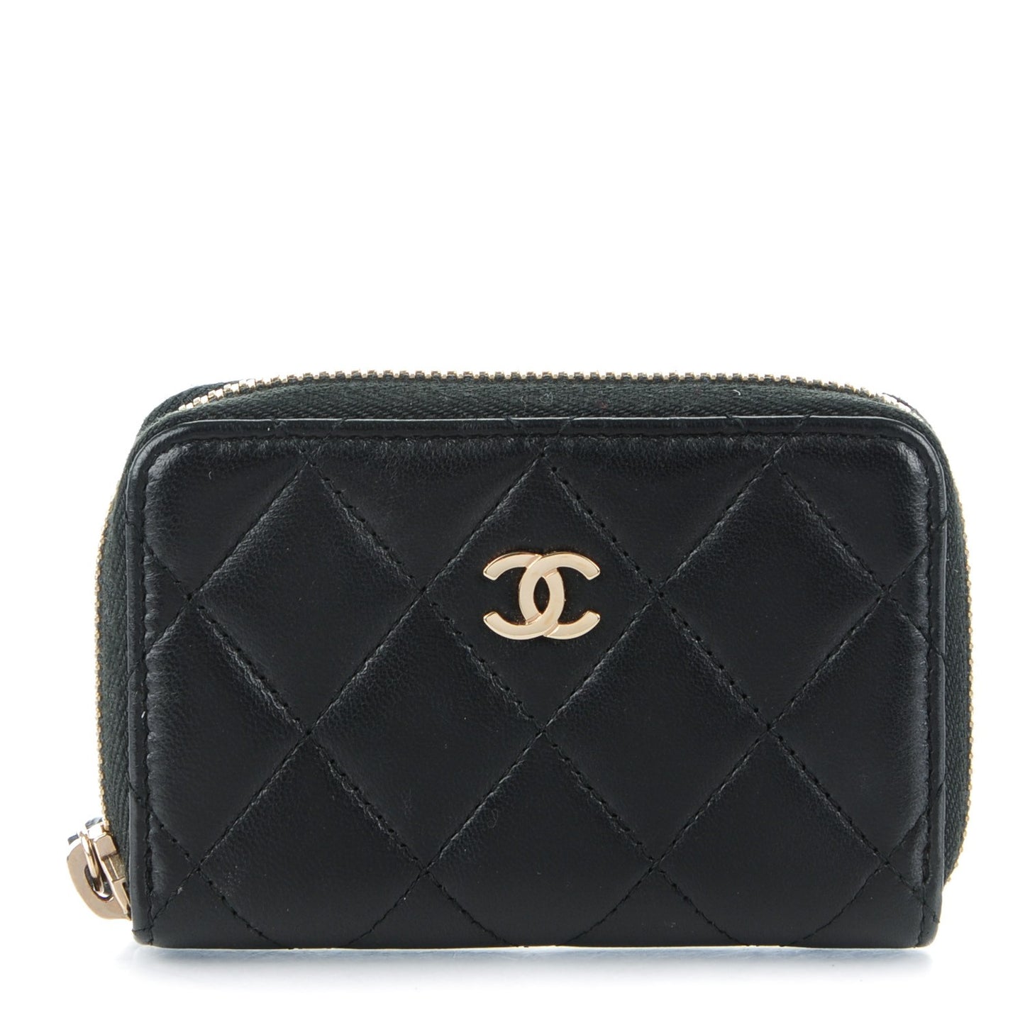 Lambskin Quilted Zip Around Coin Purse Wallet Black