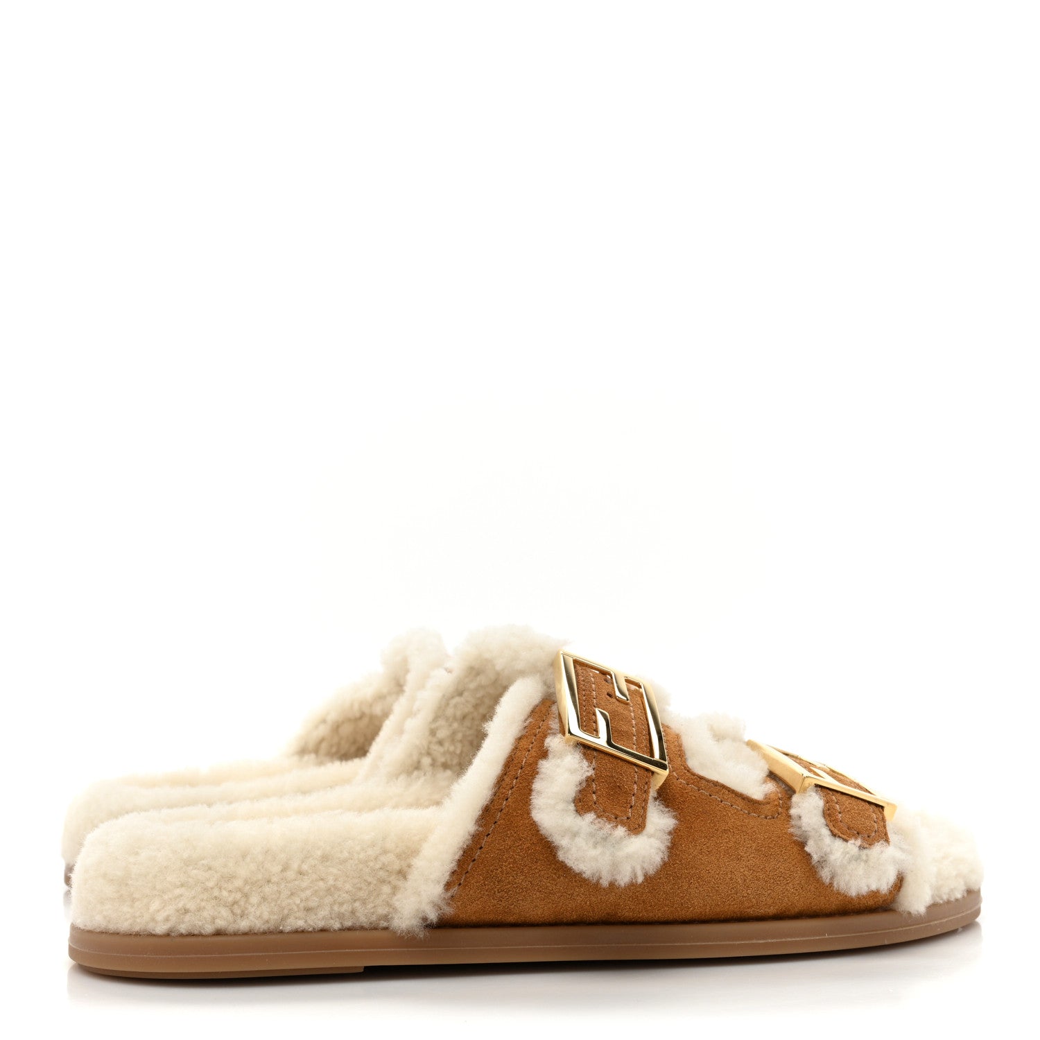 Fendi Suede Shearling Fendi Feel Buckled Slide Sandals 39 Beige Latte 4 of 7