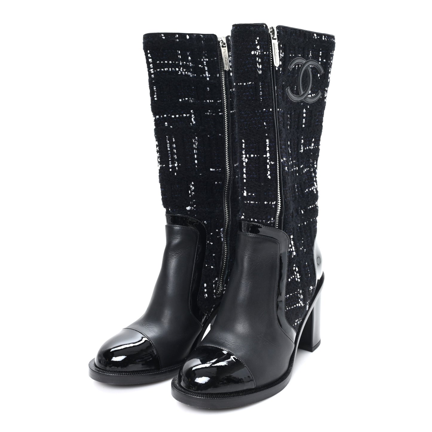 Tweed Calfskin Patent Cap Toe CC High Boots 37.5 Black Navy White