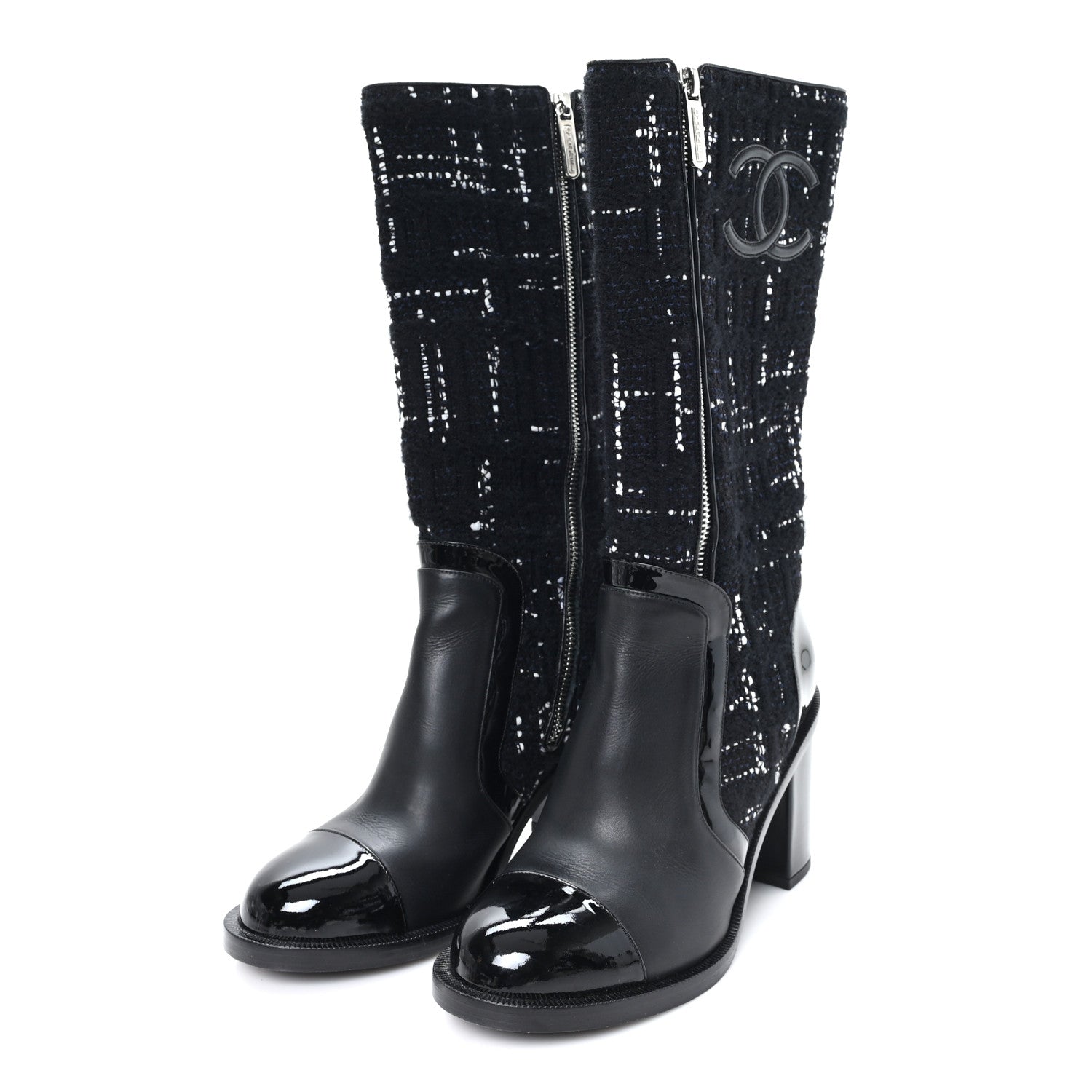 Chanel Tweed Calfskin Patent Cap Toe CC High Boots 37.5 Black Navy White 4 of 10
