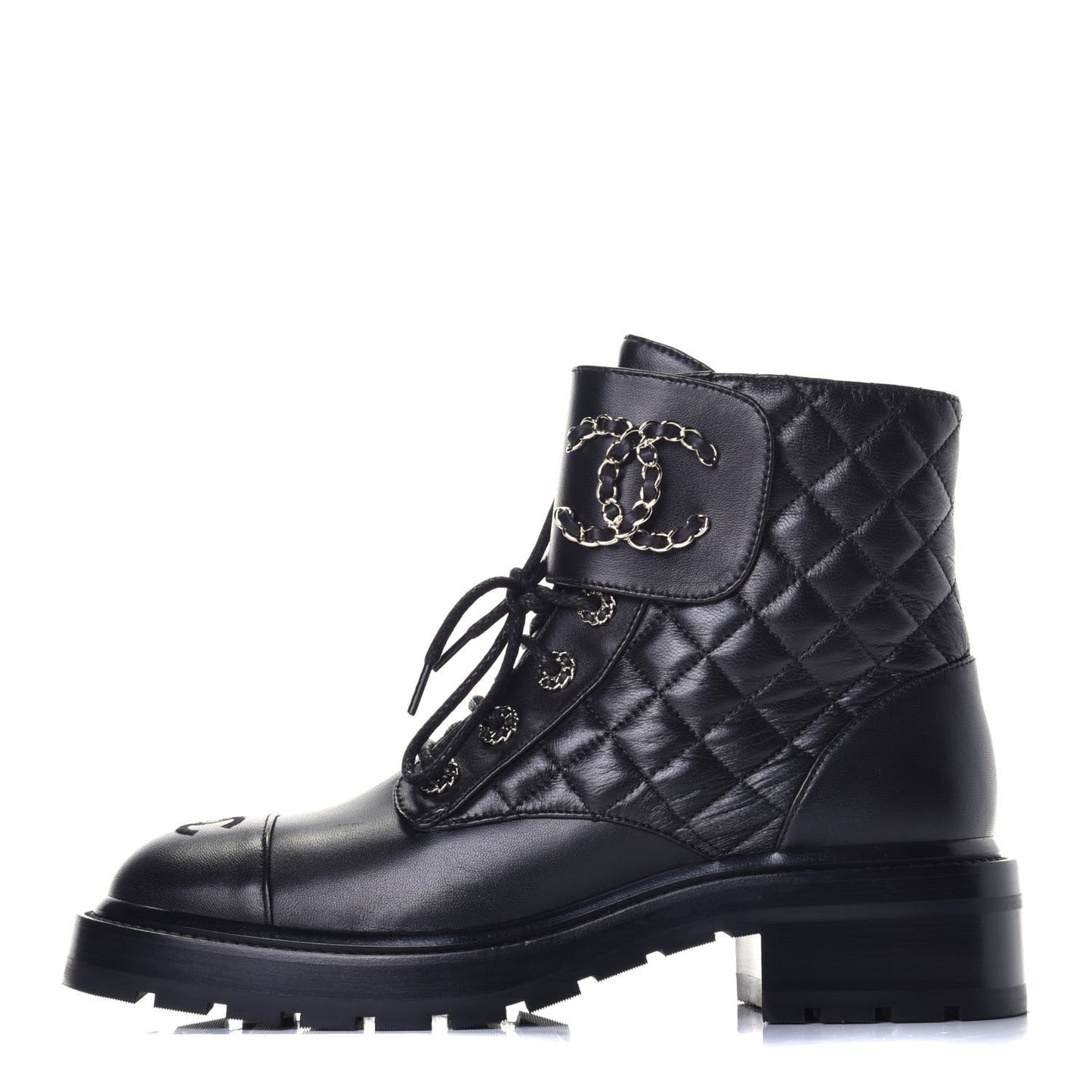 Shiny Lambskin Quilted Lace Up Combat Boots 39 Black