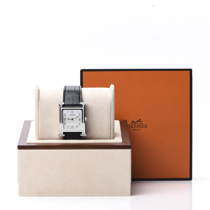 Hermes Stainless Steel Alligator Diamond Bezel Mother of Pearl 26mm Heure H Hour Quartz Watch Noir 9 of 9