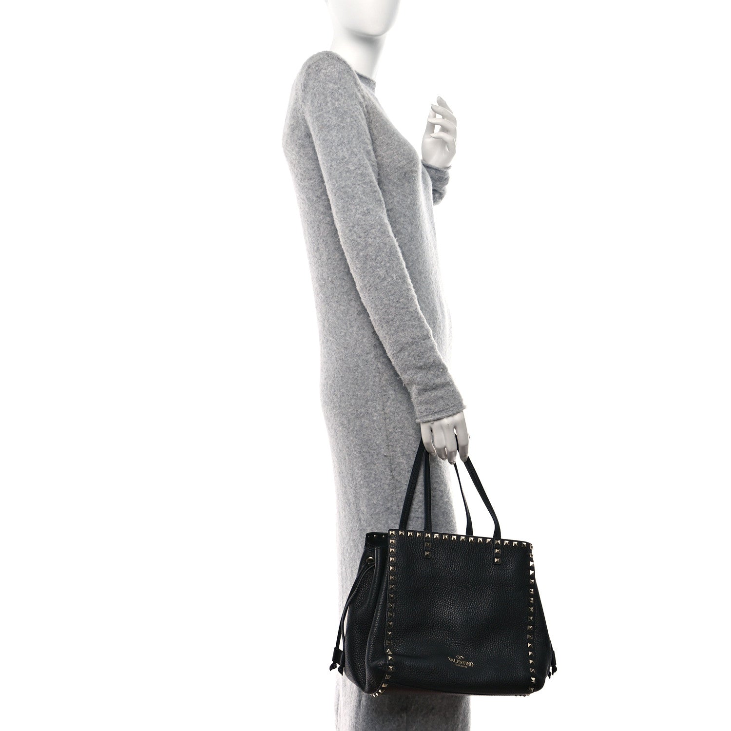 Valentino Garavani VALENTINO GARAVANI Grained Calfskin Rockstud Double Handle Cinch Tote Black 2 of 10