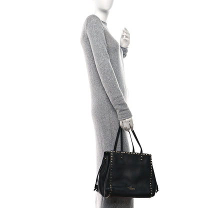 Valentino Garavani VALENTINO GARAVANI Grained Calfskin Rockstud Double Handle Cinch Tote Black 2 of 10