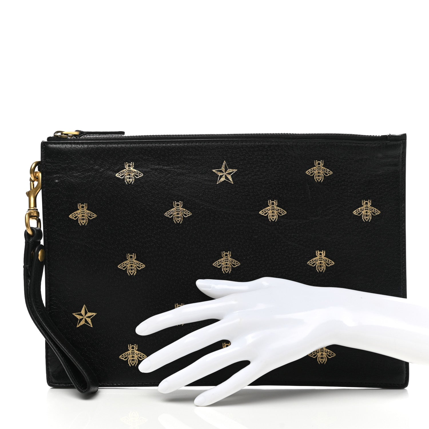 Gucci Dollar Calfskin Boar Effect Bee Star Zip Wristlet Pouch Black 3 of 9