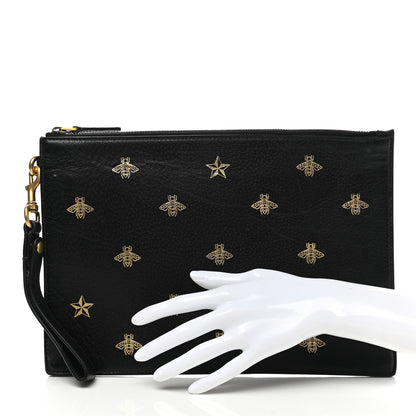 Gucci Dollar Calfskin Boar Effect Bee Star Zip Wristlet Pouch Black 3 of 9