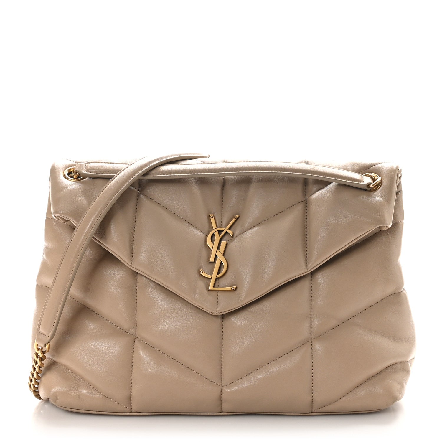 Saint Laurent Lambskin Quilted Medium Loulou Puffer Monogram Chain Satchel Dark Beige 1 of 10