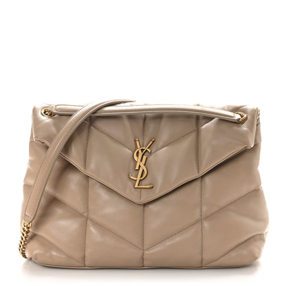 Saint Laurent Lambskin Quilted Medium Loulou Puffer Monogram Chain Satchel Dark Beige 1 of 10