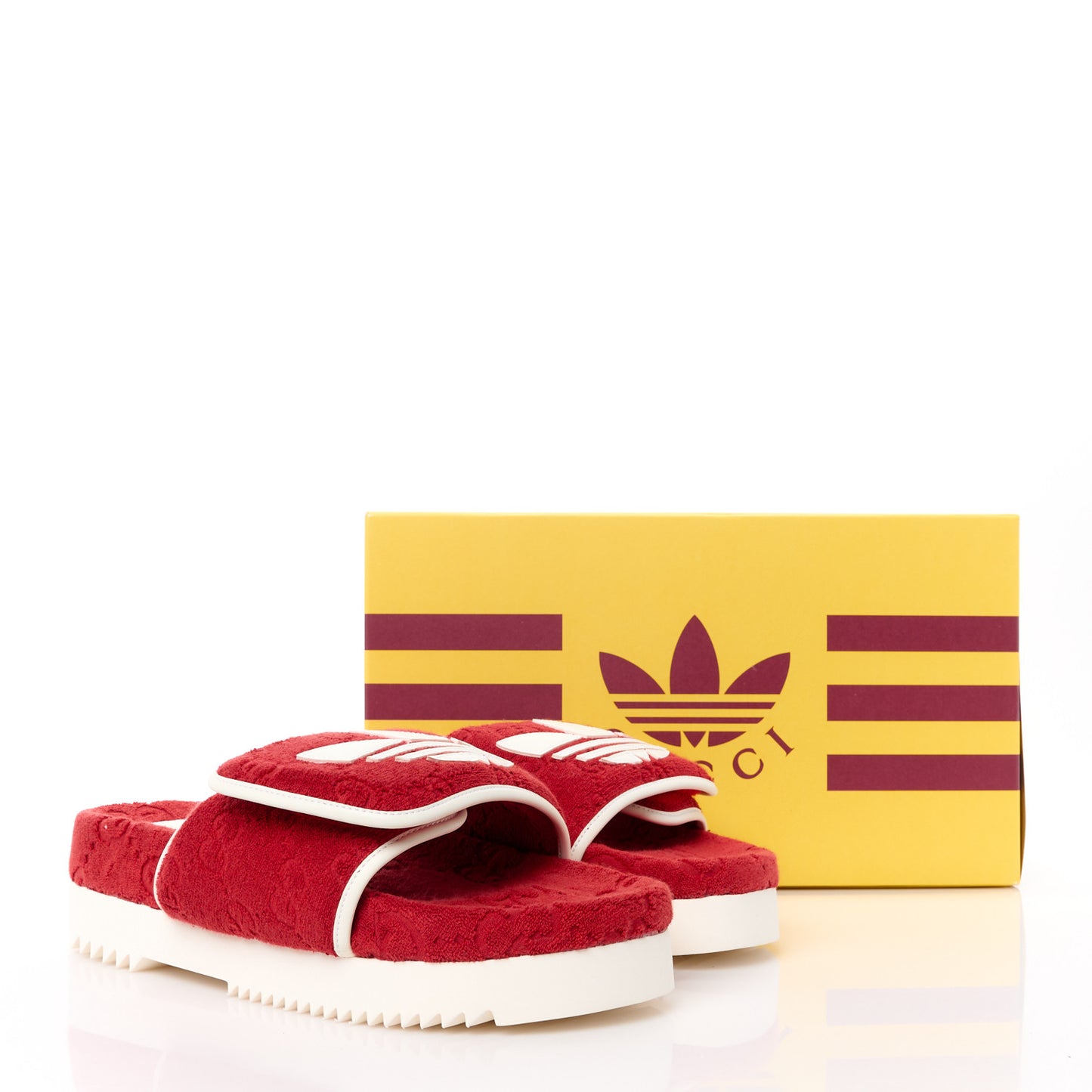X ADIDAS Terry Cloth Trefoil GG Monogram Mens Platform Sandals 9 Maple Red Off White