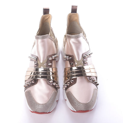 Christian Louboutin Satin Metallic Calfskin Glitter Specchio Studded 123 Run Flat Sneakers 37 Nude 6 of 10