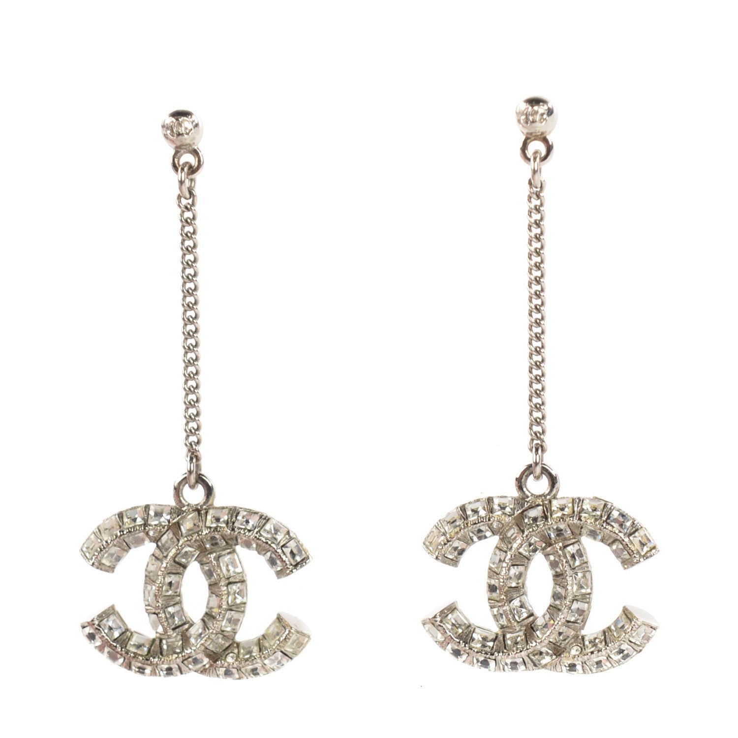 Chanel Baguette Crystal CC Dangle Earrings Silver 1 of 4
