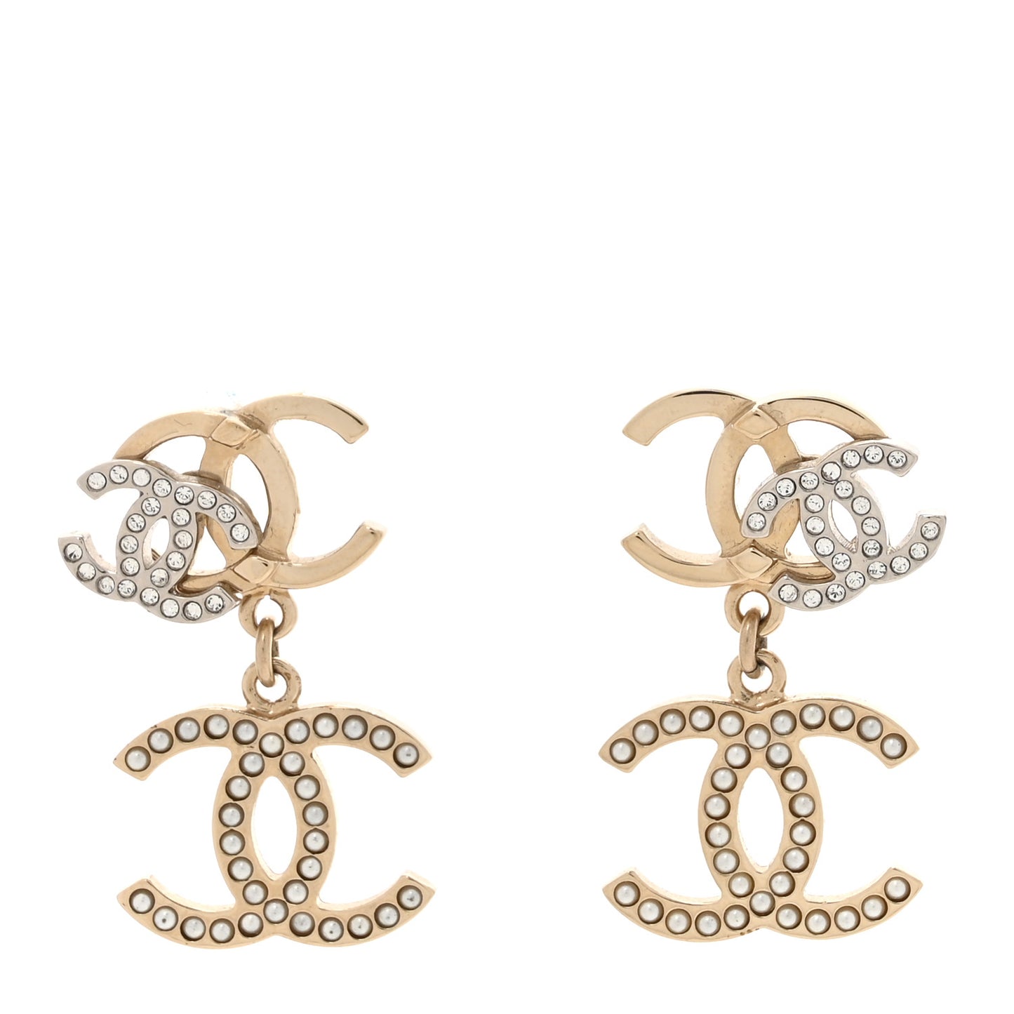 Crystal Pearl Double CC Drop Earrings Gold Silver