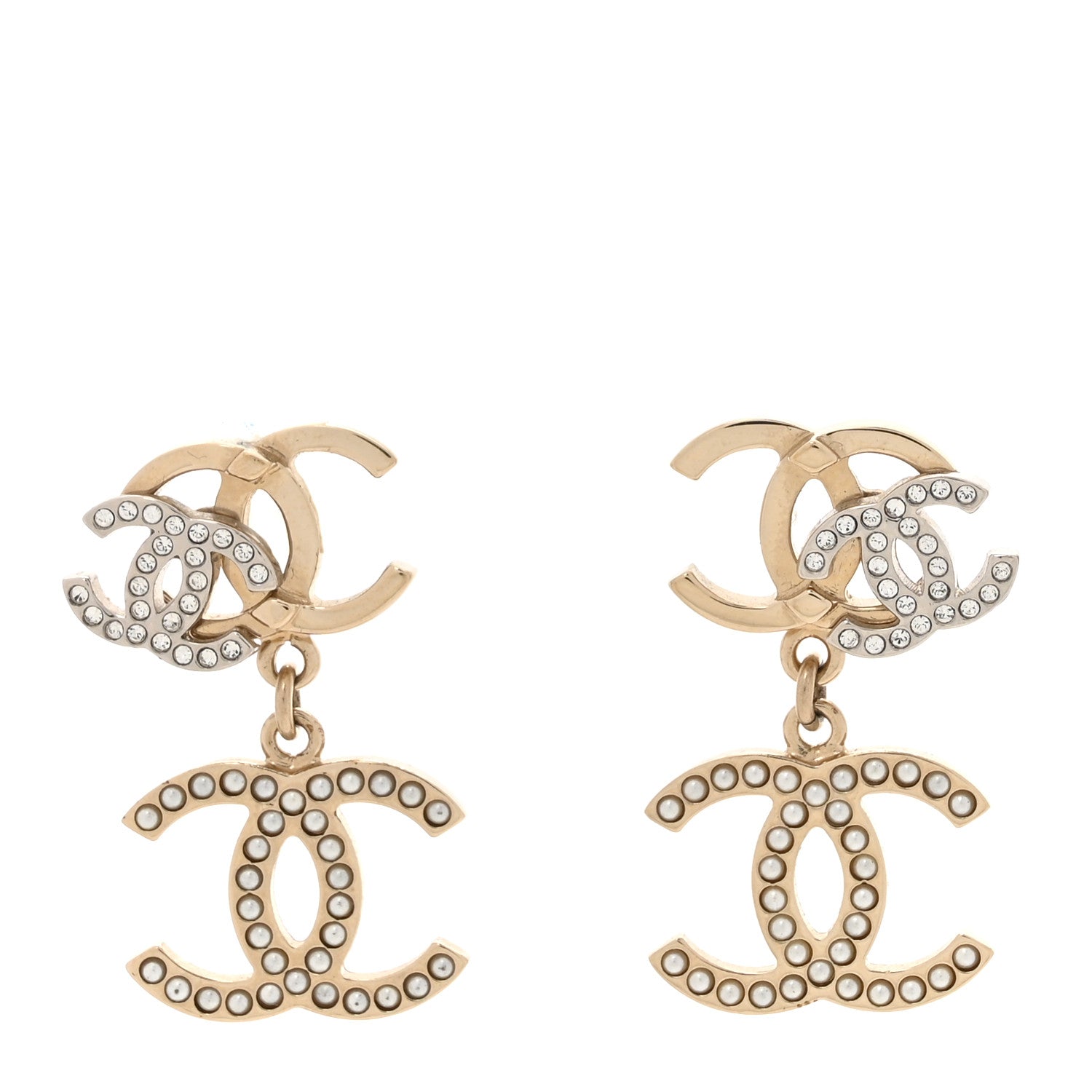 Chanel Crystal Pearl Double CC Drop Earrings Gold Silver 1 of 5
