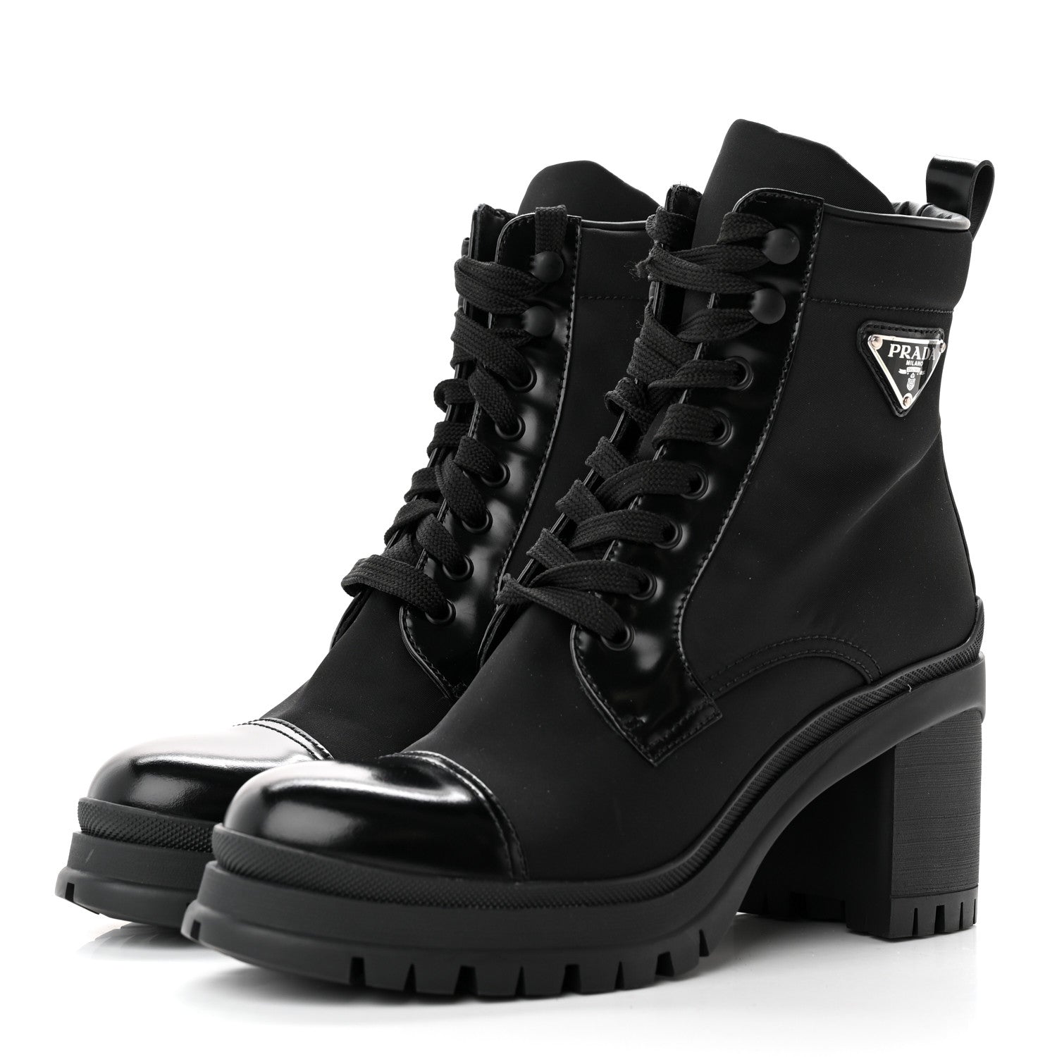 Prada Spazzolato Re-Nylon Metal Triangle Logo Lace Up 55mm Ankle Boots 39.5 Black 3 of 13