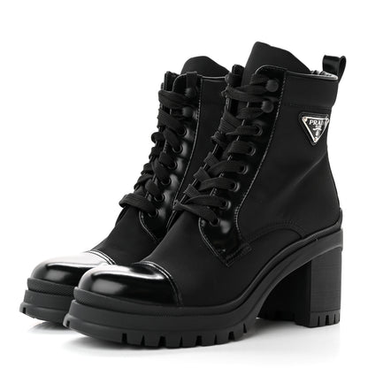 Prada Spazzolato Re-Nylon Metal Triangle Logo Lace Up 55mm Ankle Boots 39.5 Black 3 of 13