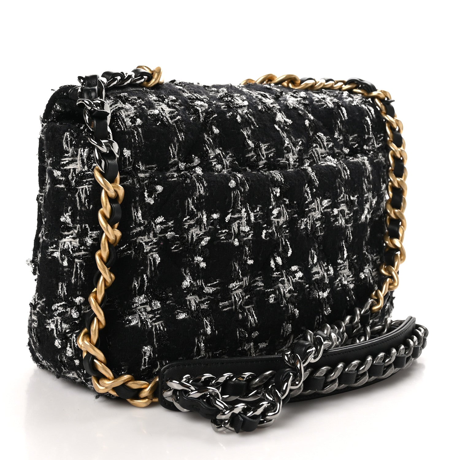 Chanel Tweed Quilted Medium Chanel 19 Flap Black Silver Ecru 3 of 10