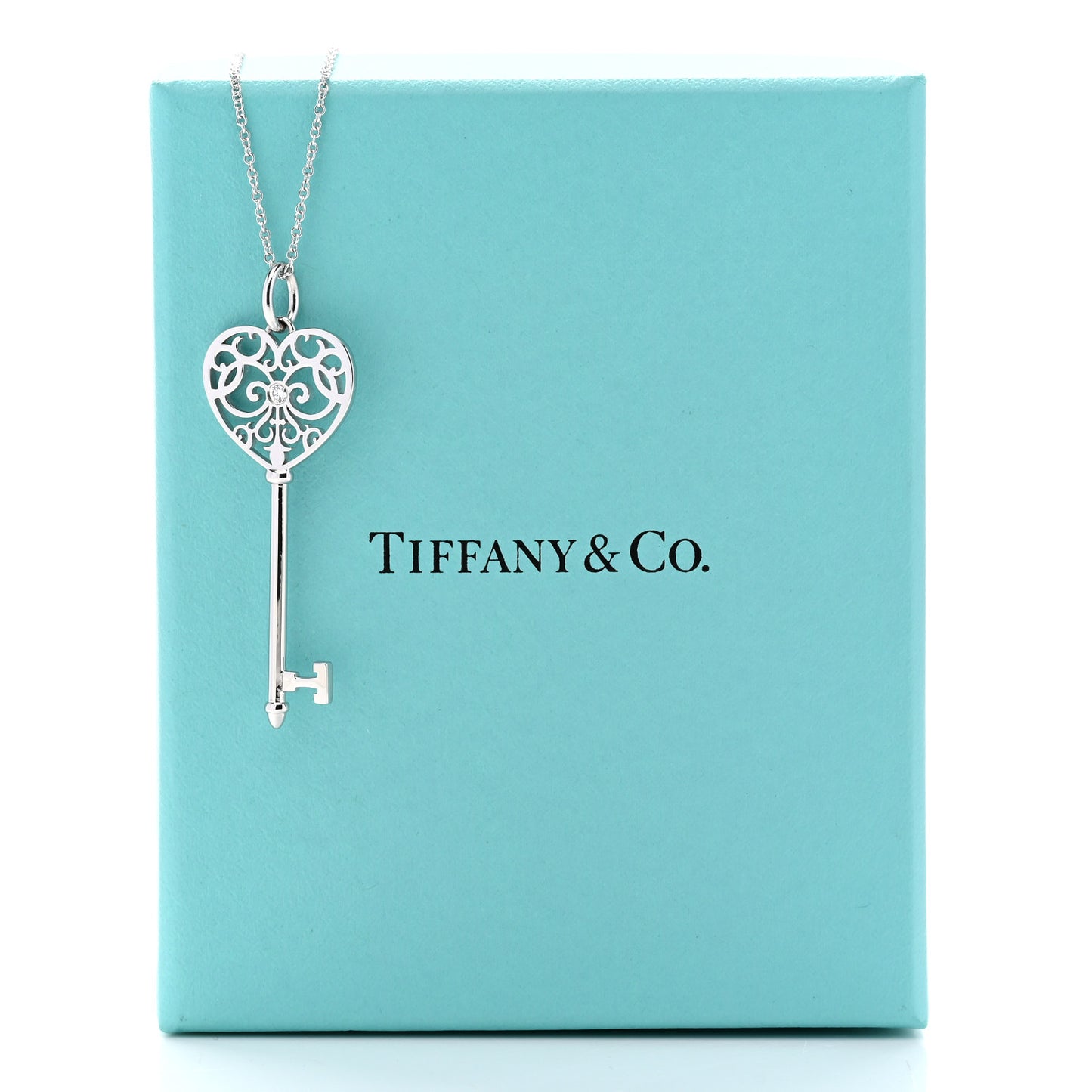18K White Gold Diamond Enchant Heart Key Pendant Necklace