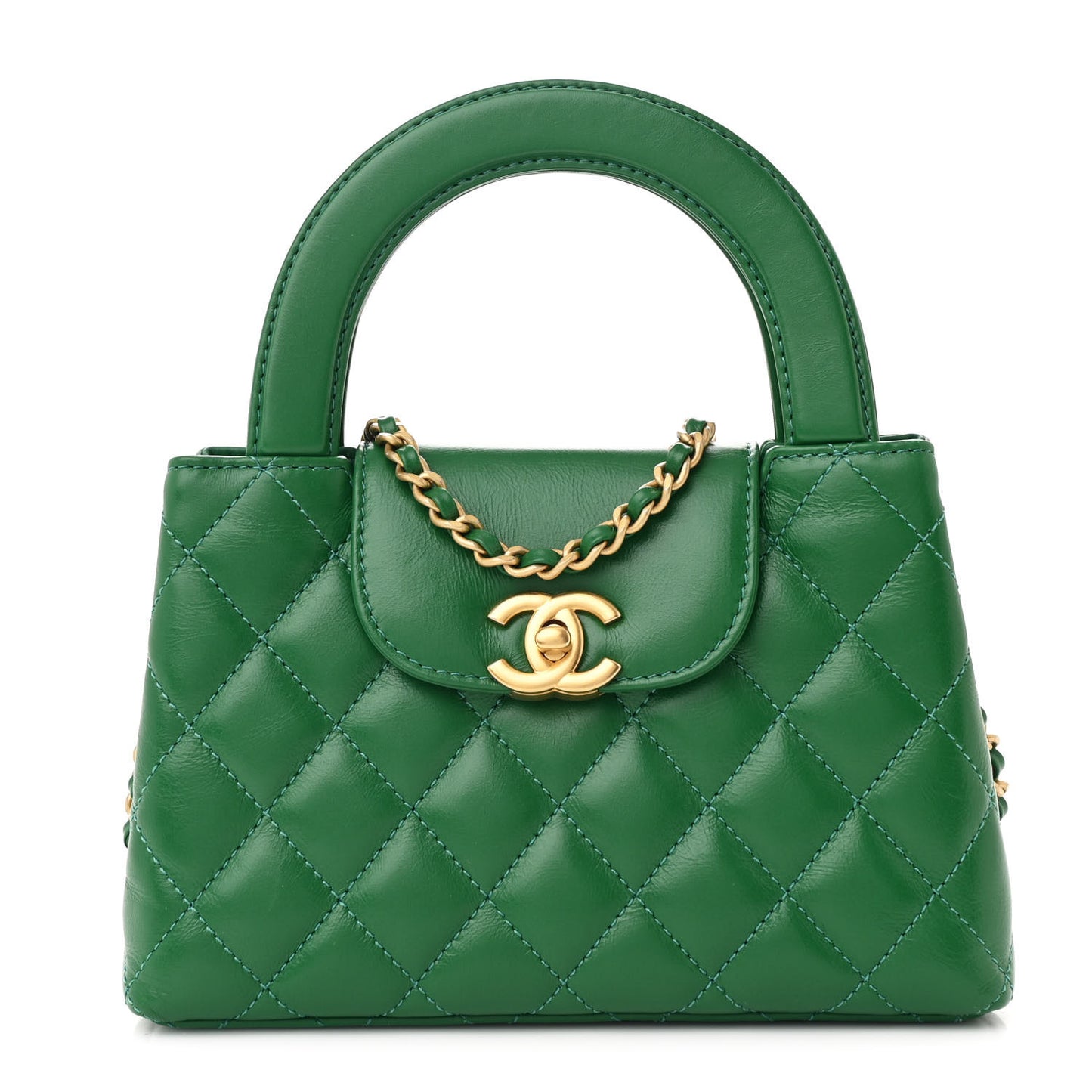 Shiny Aged Calfskin Quilted Nano Kelly Shopper Green