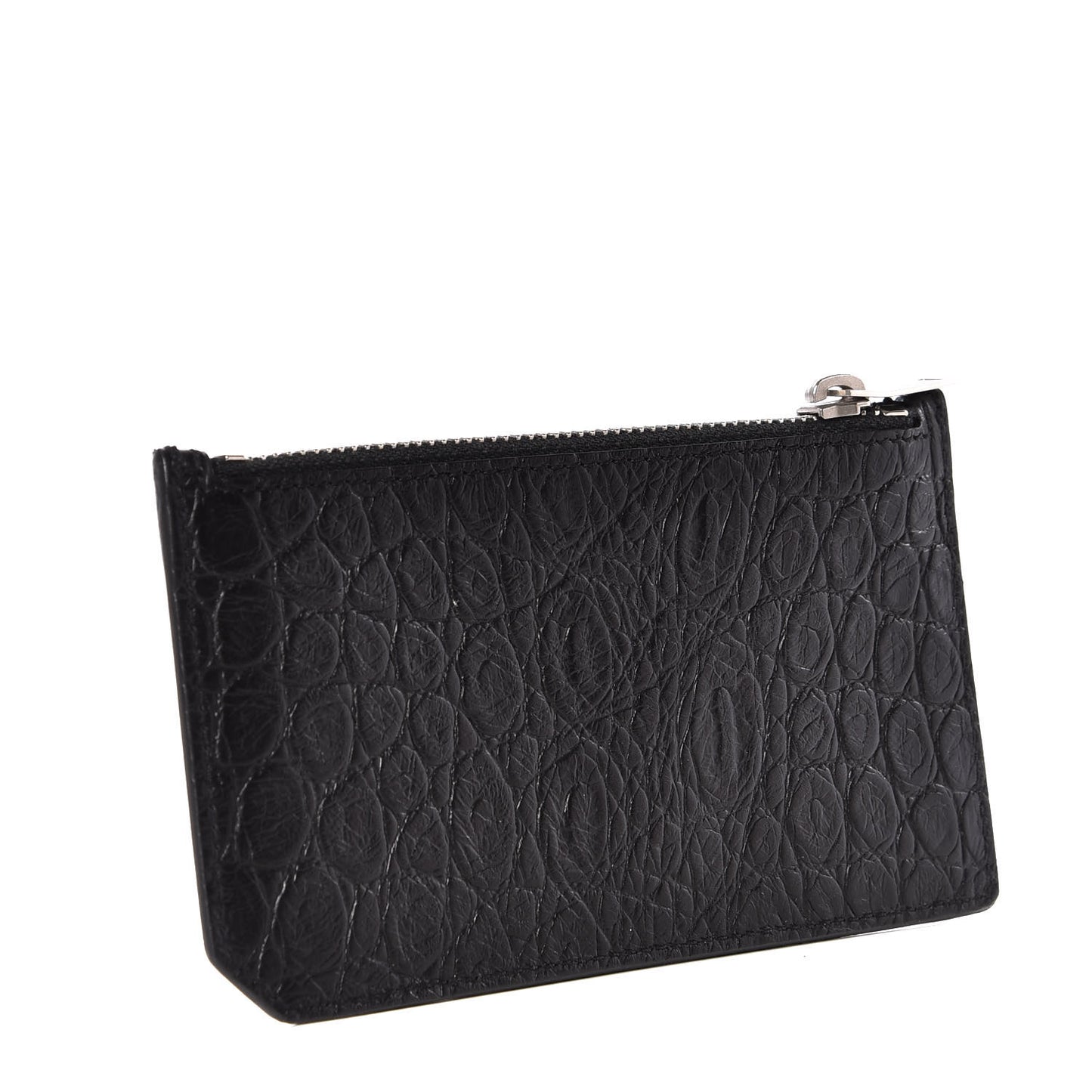 Calfskin Crocodile Embossed 5 Fragments Zip Card Case Black