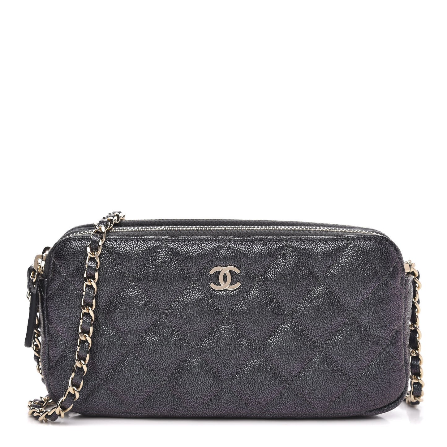 Iridescent Caviar Quilted Clutch With Chain Black