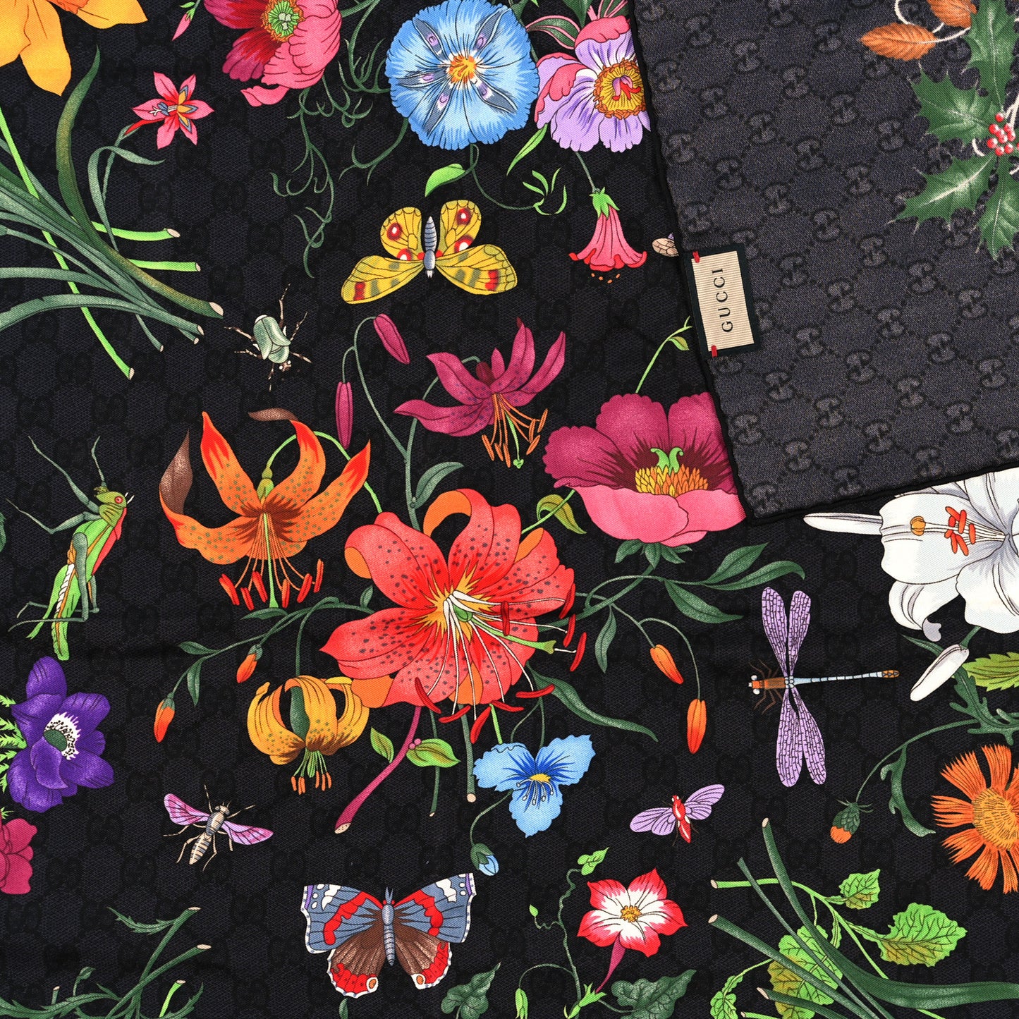 Silk Twill GG Monogram Flower Square Scarf Black Multicolor