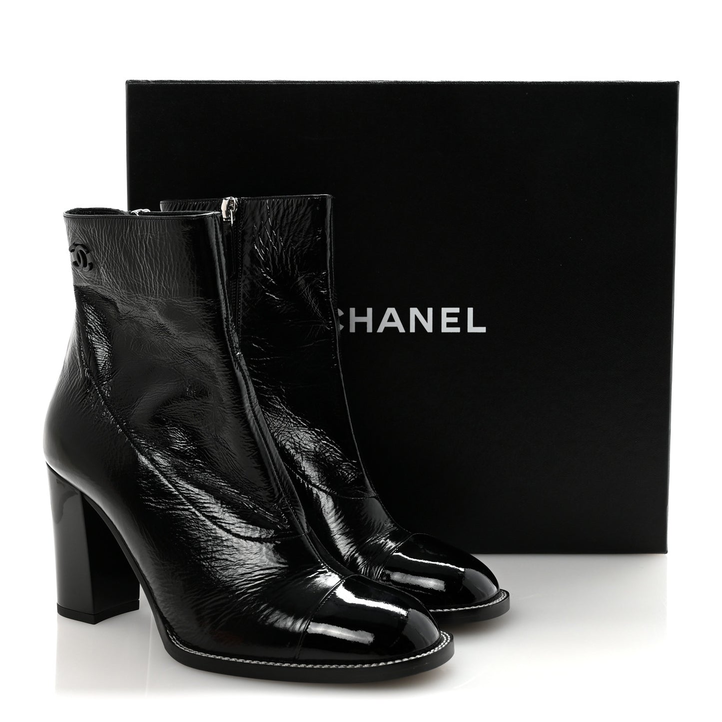 Shiny Calfskin Patent Cap Toe CC Short Boots 38.5 Black