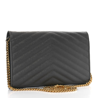 Saint Laurent Grain De Poudre Matelasse Chevron Monogram Chain Wallet Earth 3 of 9