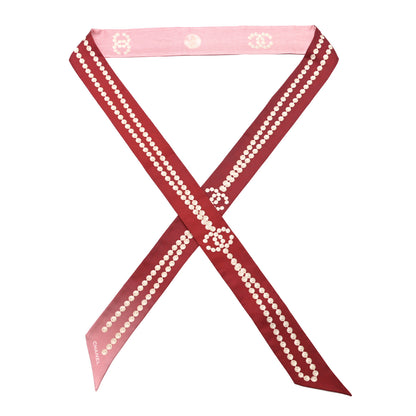 Chanel Silk Pearl CC Slim Bandeau Scarf Dark Red Ecru Pink 1 of 4