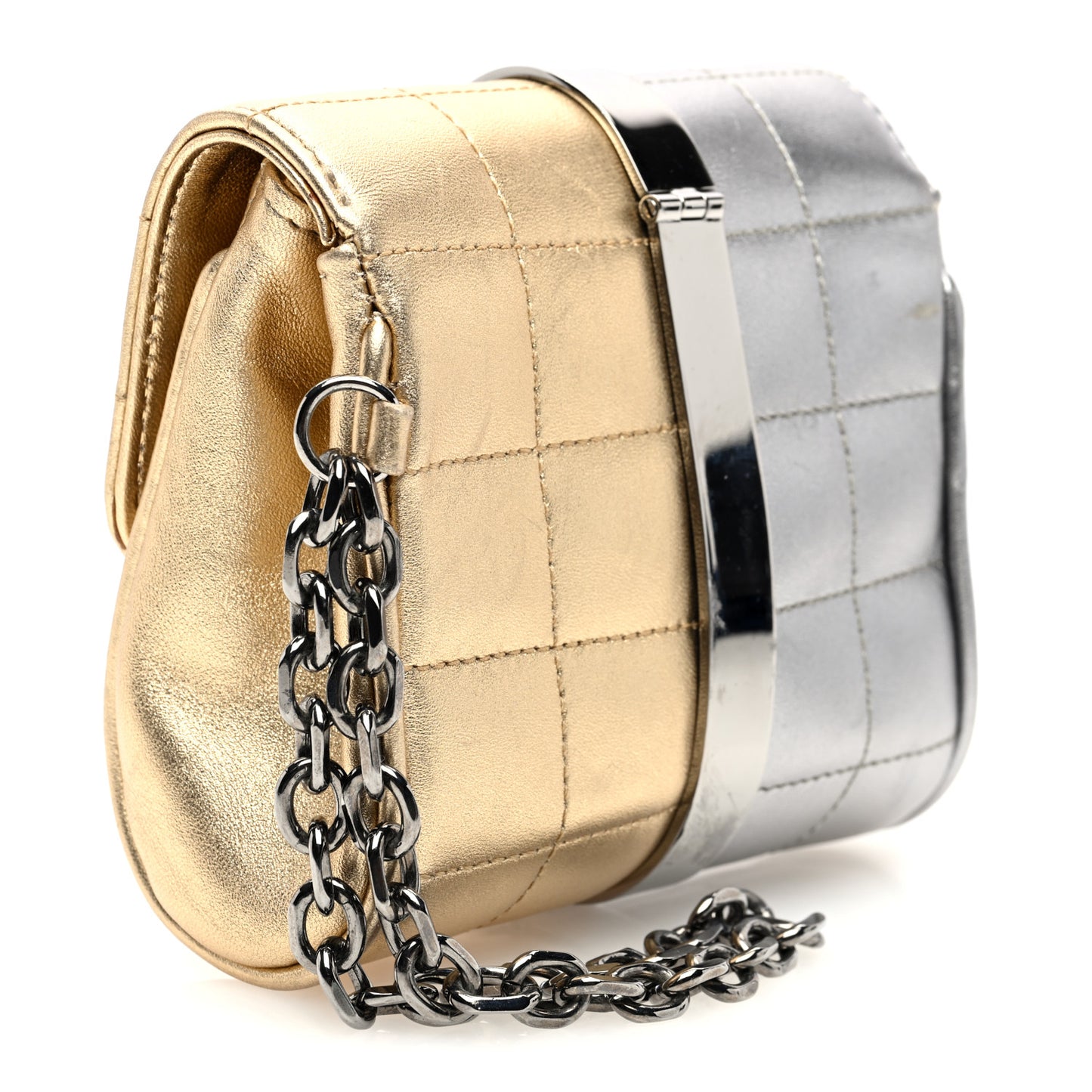 Metallic Lambskin Square Quilted Wristlet Clutch Gold Silver