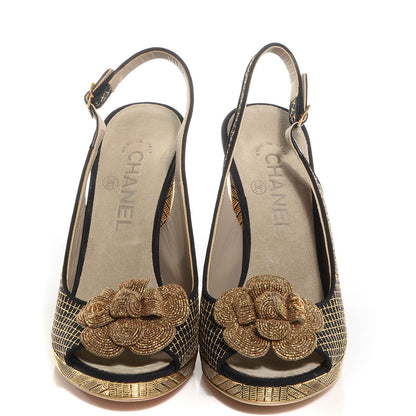 Chanel Latice Camellia Slingback Pumps 37.5 Black Gold 2 of 8
