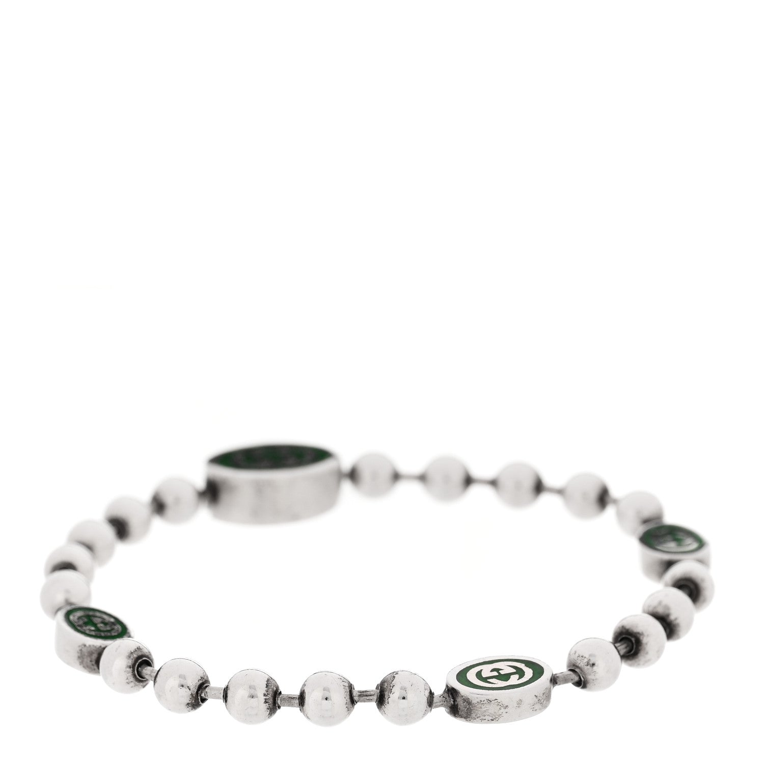 Gucci Sterling Silver Enamel Interlocking G Boule Chain Bracelet Green 1 of 4