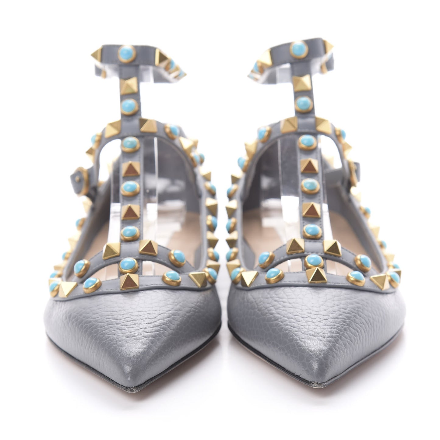 Pebbled Calfskin Rockstud Rolling Cage Ballerina Flats 35 Light Stone