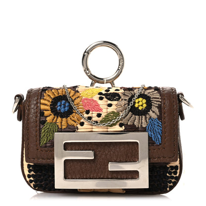 Fendi Woven Fabric Calfskin Embroidered Nano Maxi Buckle Baguette Charm Natural Gianduia 1 of 12