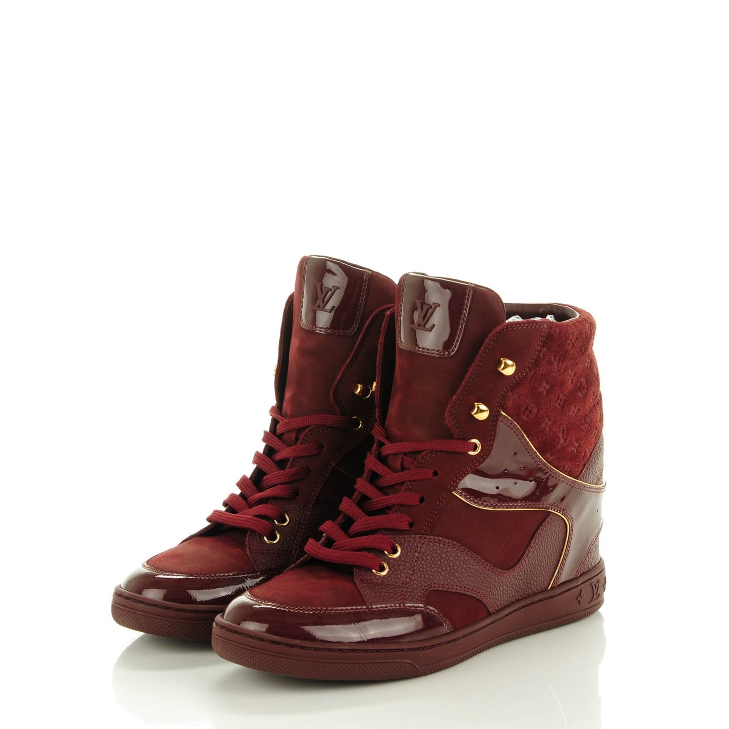 Calfskin Patent Suede Monogram Cliff Top Wedge Sneakers 39 Bordeaux