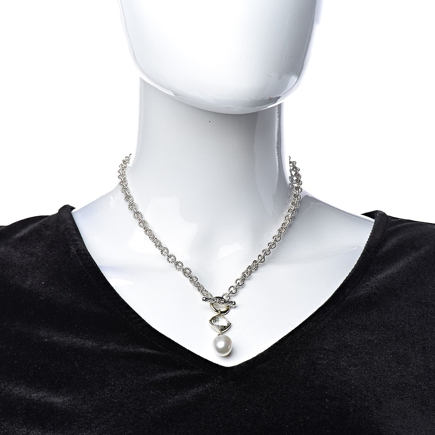 David Yurman Sterling Silver 18K Yellow Gold Prasiolite Pearl Pendant Necklace 2 of 5