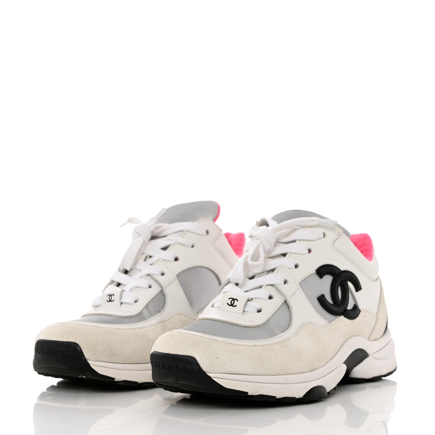 Calfskin Fabric Sneakers 37 White Silver Fluo Pink