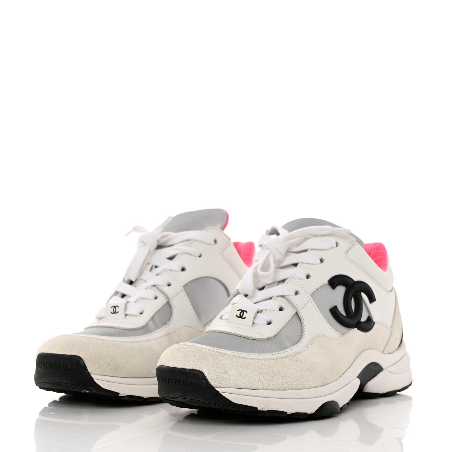 Chanel Calfskin Fabric Sneakers 37 White Silver Fluo Pink 3 of 14