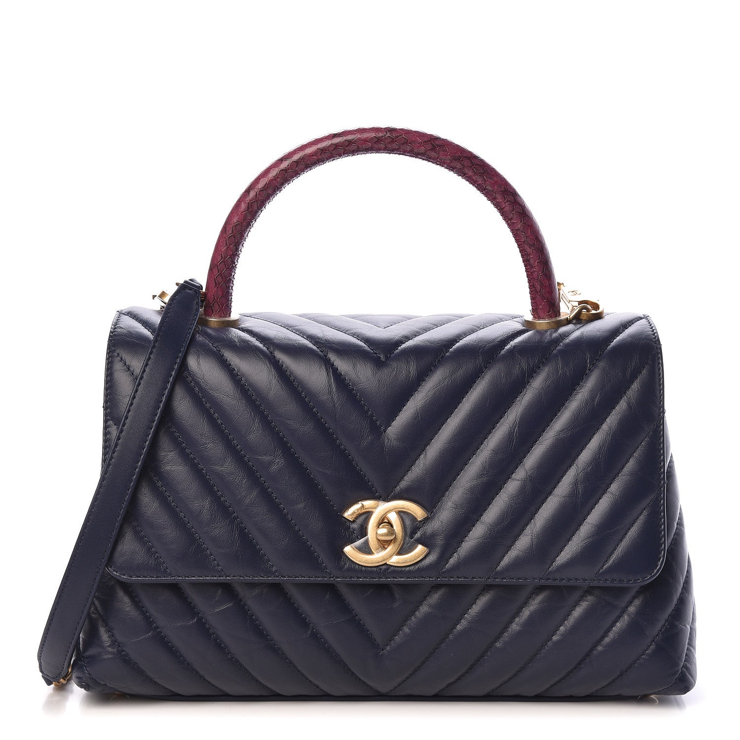 Chanel Aged Calfskin Elaphe Chevron Quilted Small Coco Handle Flap Navy 1 of 12